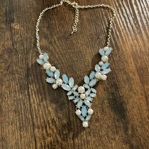 Gold Tone Pale Blue Marquise Stone and Faux Pearl Floral Bib Statement Necklace